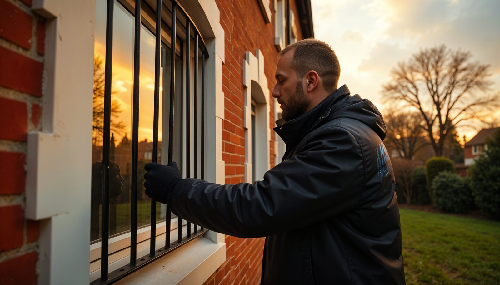 British Security Guard Fitting Steel Grills on Outside of the Window