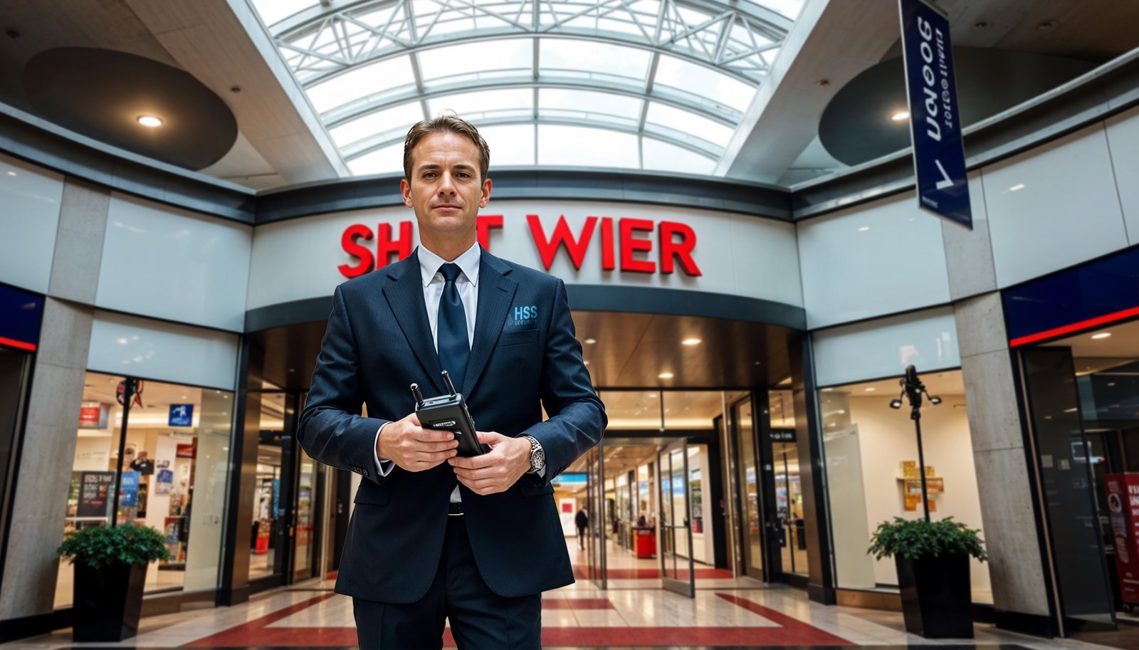 Secuirty Guard at Mall Entrance Holding Walkie Talkie