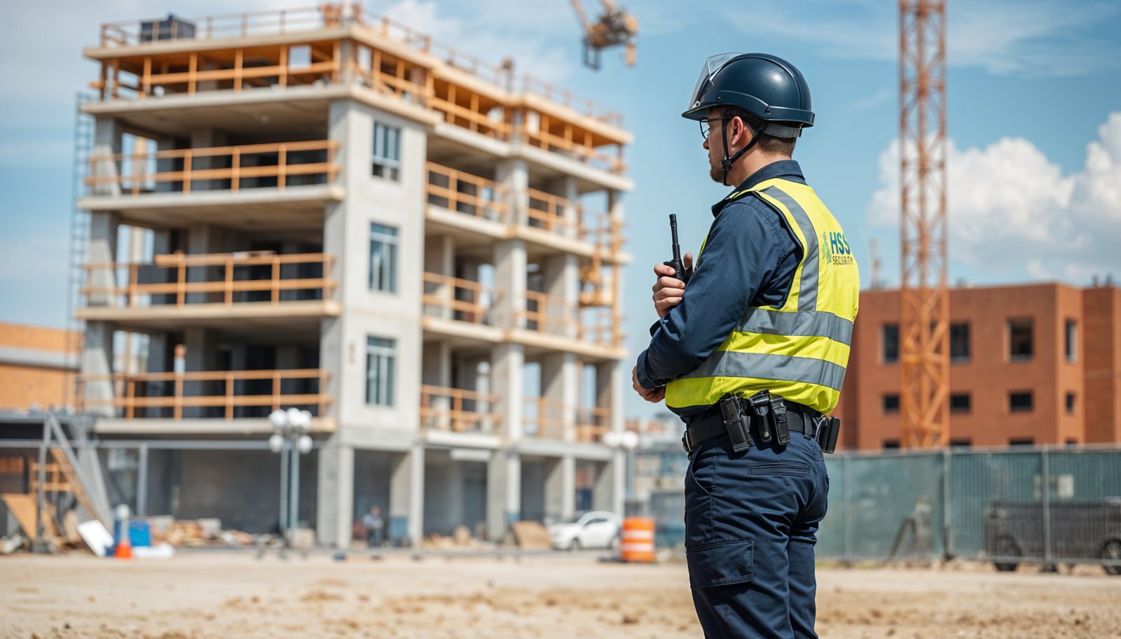 Security Guard Holding Walkie Talkie infront of Construction