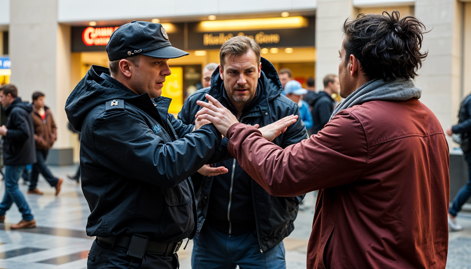 Security Guard Stopping Fight Between Two Peoples