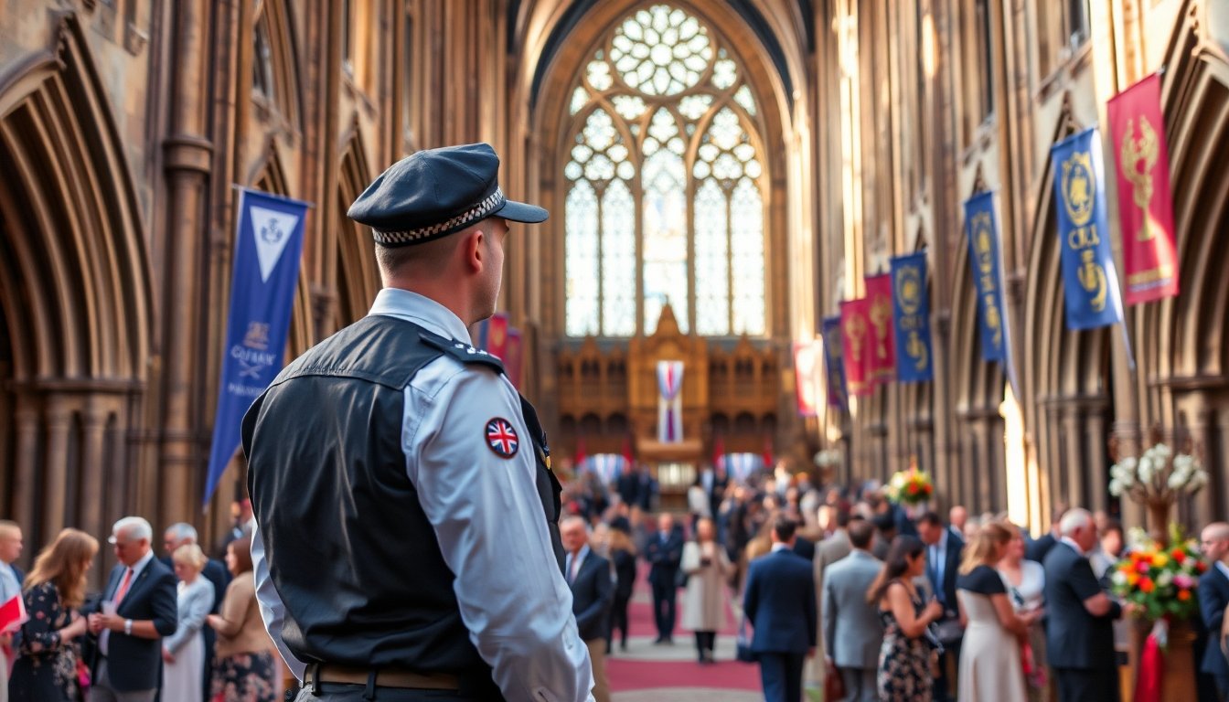 A British security officer wearing uniform guarding places of Worship in Northwest of England